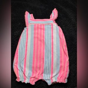 Baby Girl Romper in Pink Blue White striped Coral Trim | 12 months
